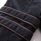 Men's black leather jacket sleeve cuff with two-tone striped trim