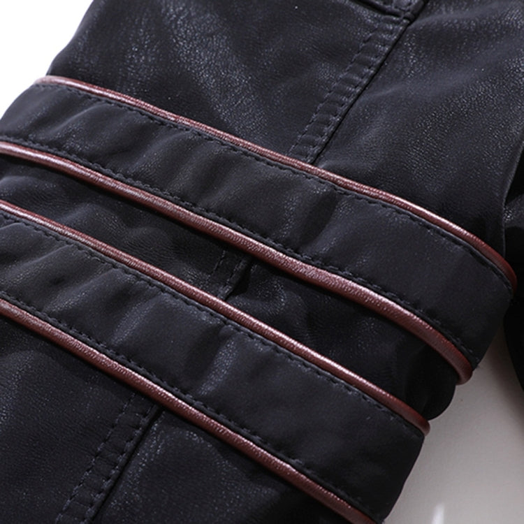 Men's black leather jacket sleeve cuff with two-tone striped trim