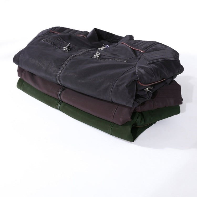 Stack of men's leather jackets in assorted dark and green tones, folded