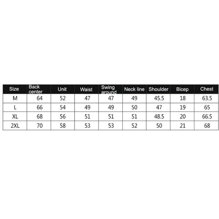 Size chart table showing measurements for sizes M through 2XL