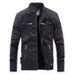 Men's dark leather jacket with stand collar, zipper front, and diagonal zip side pockets