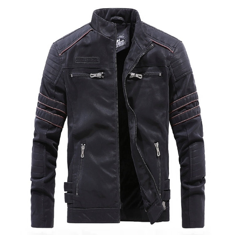 Men's dark leather jacket with stand collar, zip front, and ribbed sleeve quilting