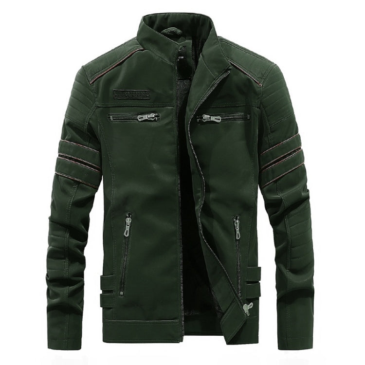 Men's green leather jacket with stand collar, zip front, and padded shoulder detail