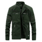 Men's green leather jacket with stand collar, zipper front, and two zip chest compartments