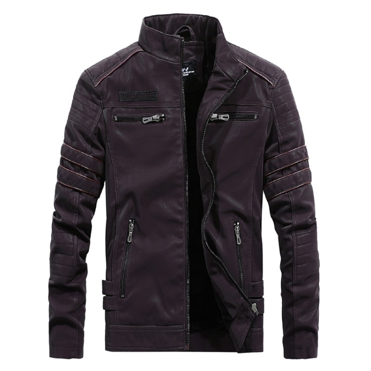 Men's dark purple leather jacket with stand collar, zipper front, and diagonal zip side pockets