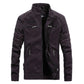 Men's leather-look coat with stand collar, chest flap pockets, and zip-front