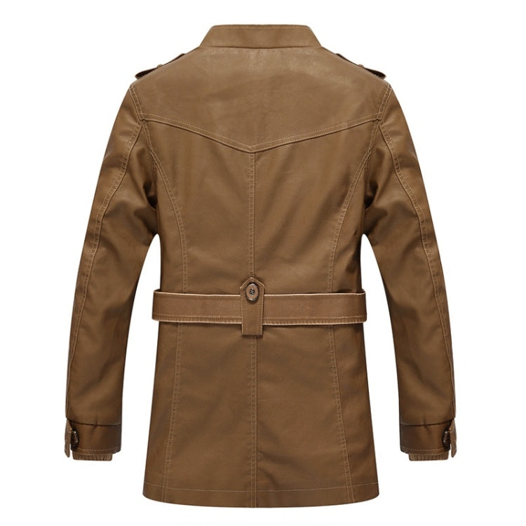 Men's khaki long leather jacket coat back view with waist belt