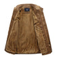 Men's khaki jacket coat open front showing plush sherpa lining and zip-off placket.