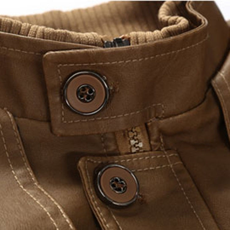 Khaki leather jacket cuff with round snap buttons and ribbed collar