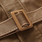 Close-up of tan jacket coat front strap buckle and stitched belt loop.
