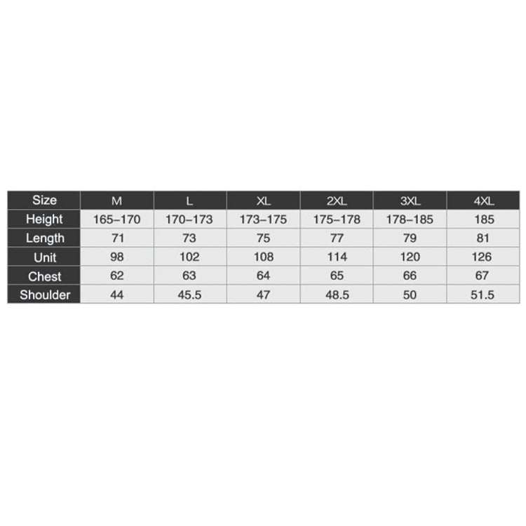 Size chart for men’s jacket: sizes M to 4XL with height, length, chest, shoulder.