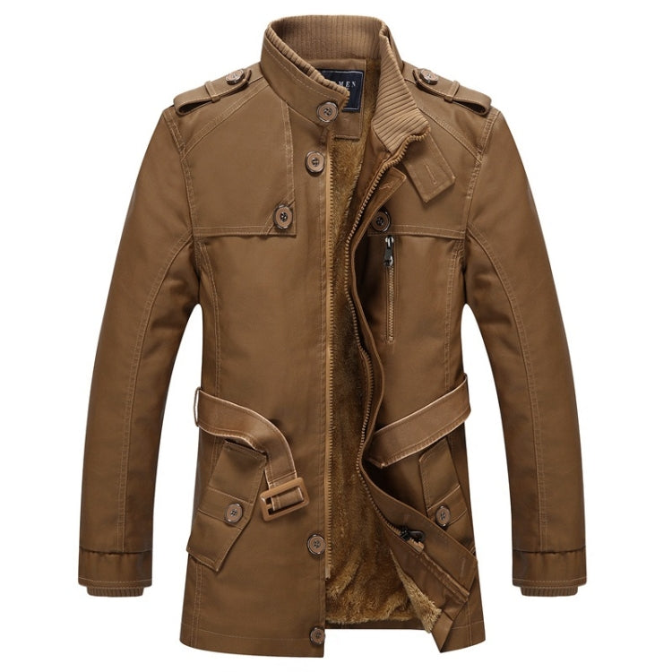 Men's khaki leather long jacket with zip front, snap button details, angled pocket flaps