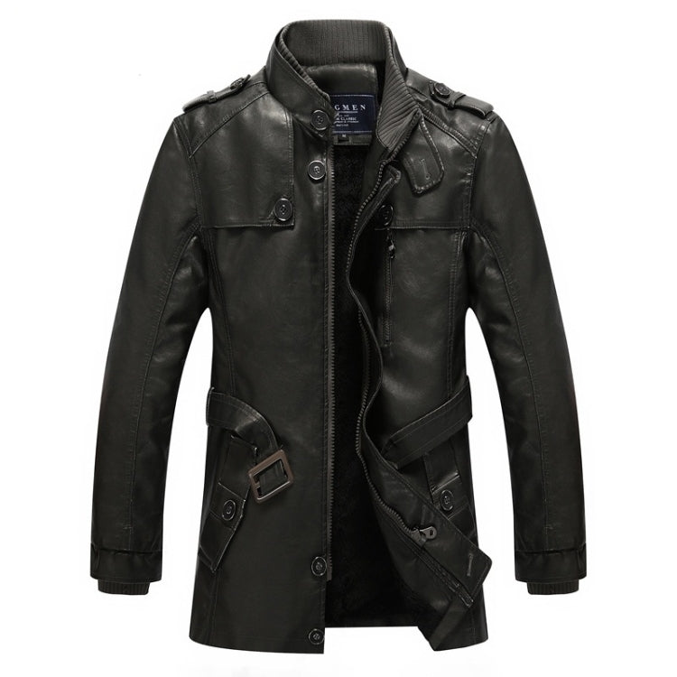 Men's long black leather-style jacket coat with sherpa lining, high collar, and zip front.