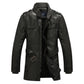 Black leather jacket coat with shoulder epaulets, flap pockets, and long sleeves