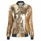 Gold-and-silver sequin baseball jacket with black ribbed collar and cuffs