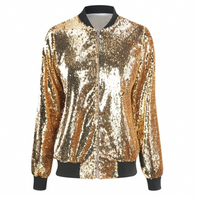 Gold-and-silver sequin baseball jacket with black ribbed collar and cuffs
