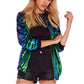 Blue and green iridescent sequin baseball jacket with zip front and ribbed cuffs
