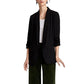 Black blazer with lapels and flap pockets, open front, 3/4 sleeves over white top