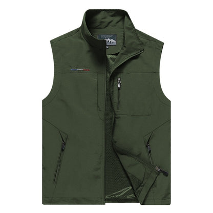 Men's sleeveless stand-collar vest in dark green, zip front with multi pockets