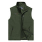 Men's dark green zip-front sleeveless vest with stand collar and side pocket zips