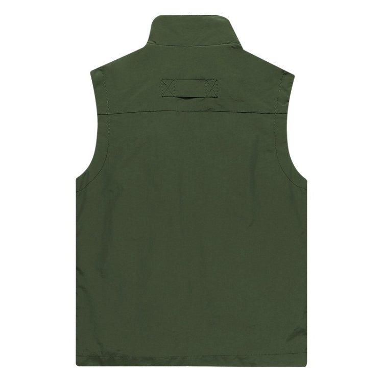 Men's dark green sleeveless vest back view with stand collar and stitched panel