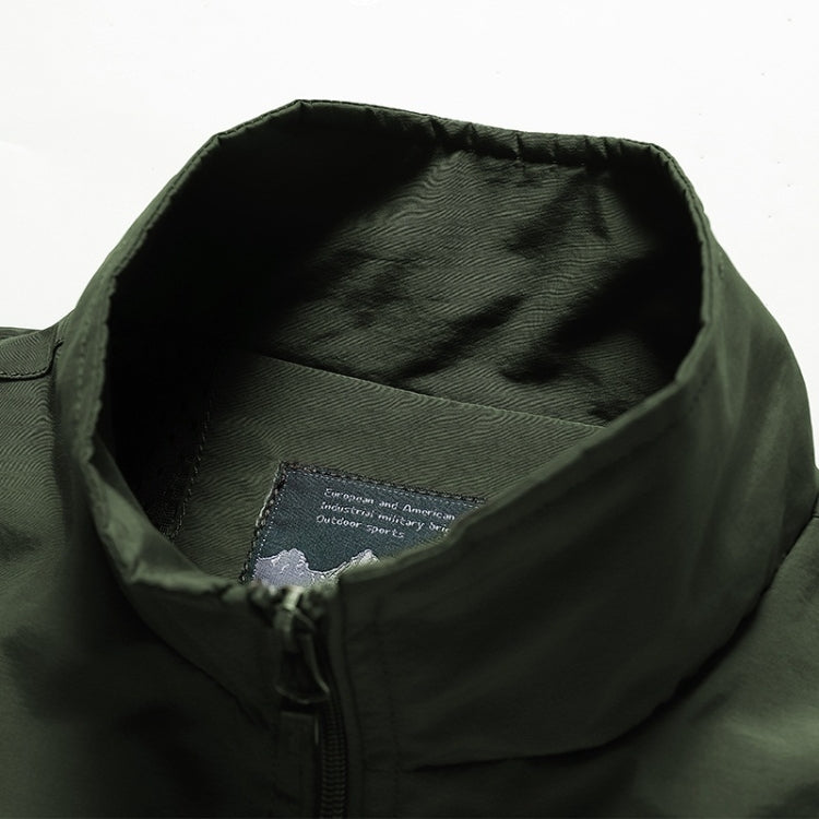Dark green vest interior with stand collar and neck label close-up