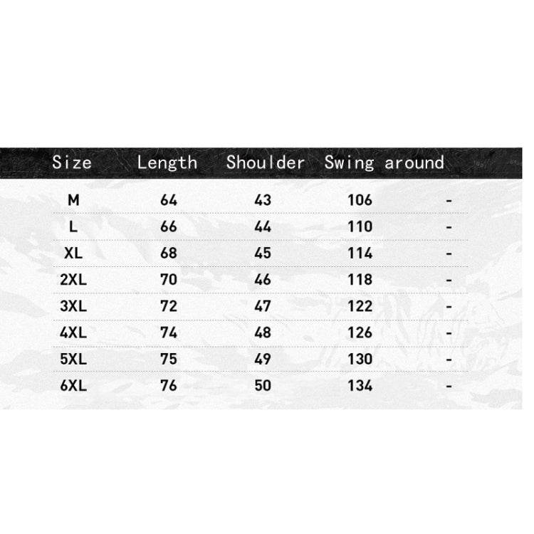 Vest size chart table with size, length, shoulder, and swing measurements