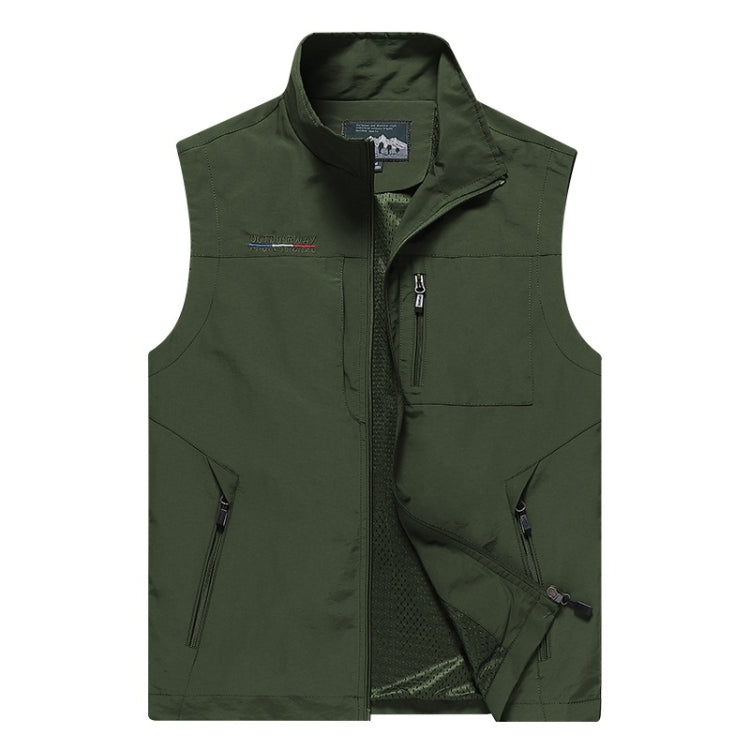 Men's army green utility vest, sleeveless with stand collar, front zipper, and multiple pockets