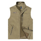 Men's khaki sleeveless stand-collar vest with front zipper and multiple pockets