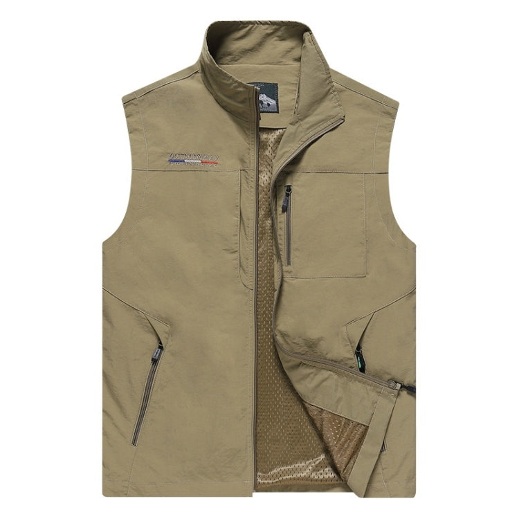 Men's khaki sleeveless work vest with stand collar, zip front, chest and side pockets