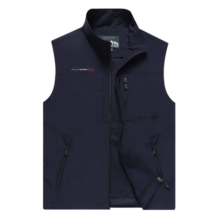 Men's sleeveless stand-collar utility vest, dark blue, front zipper and zip pockets