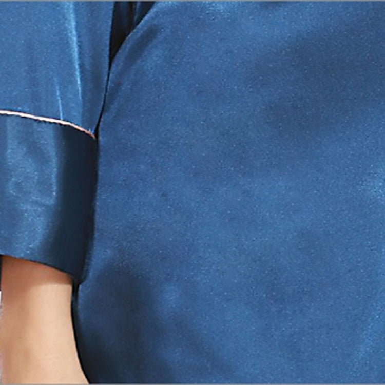 Blue silk pajama nightgown front with contrast piping and side-slit hem