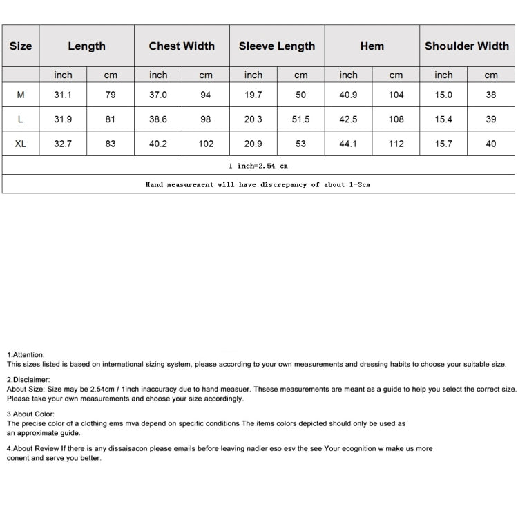Silk pajama nightgown size chart table with length, chest width, sleeve length and hem