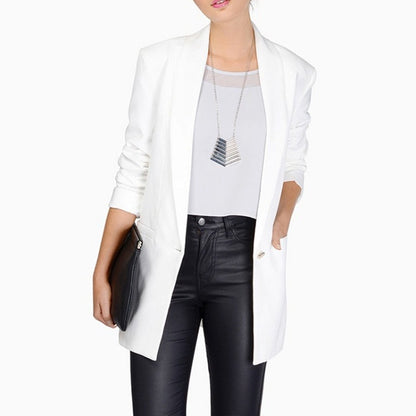 White long-sleeve blazer with notch lapels and hip-length hem, worn over black pants.