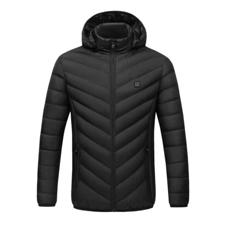 Dark blue hooded puffer heated coat with front zipper and quilted stitching