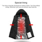 Hooded heated coat showing reflective inner lining and heat panel