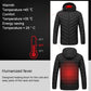 Dark blue hooded puffer heated coat with glowing rear warmth panel effect