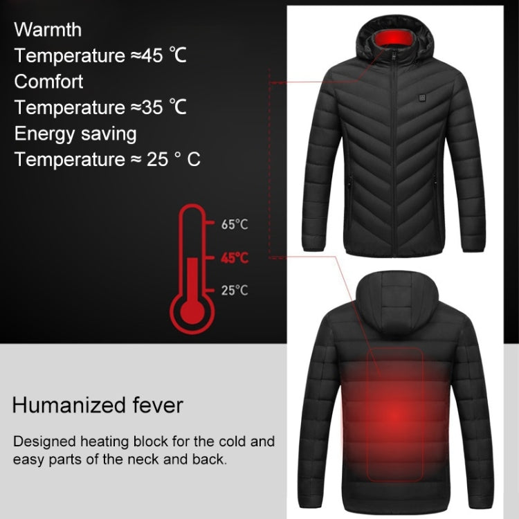 Dark blue hooded puffer heated coat with glowing rear warmth panel effect