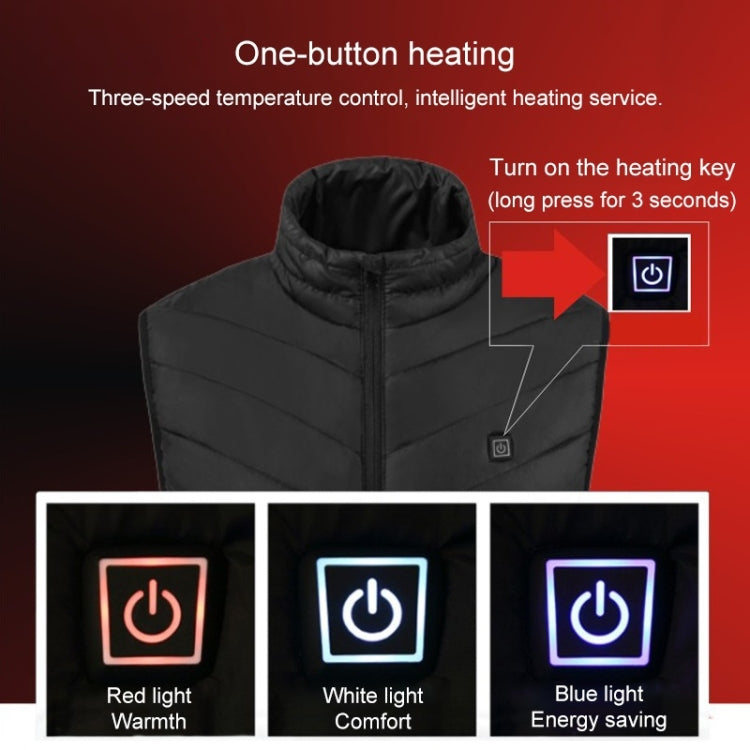 Dark blue hooded heated puffer coat with one-button control on chest