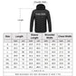 Size chart diagram with measurements for hooded puffer heated coat