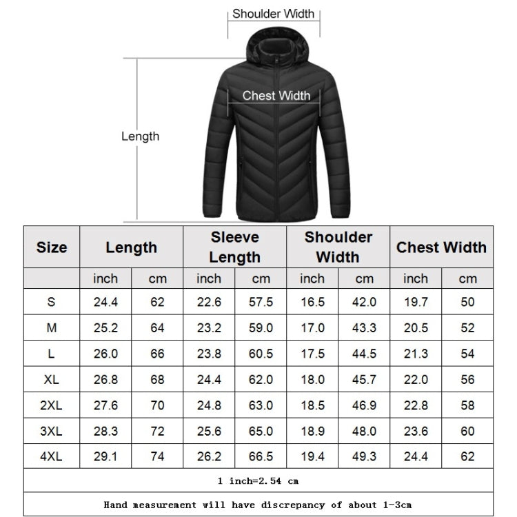 Size chart diagram with measurements for hooded puffer heated coat