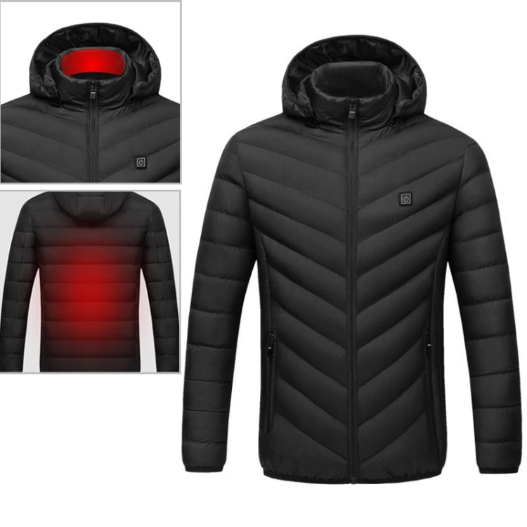Heated hooded puffer coat, dark color, front zipper, quilted shell.