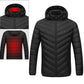 Black hooded puffer jacket with full-length zipper and quilted stitch pattern