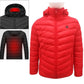 Red hooded puffer heated coat with front zipper and red glowing chest panel