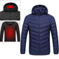 Heated hooded puffer coat, blue color, front zipper, quilted shell.