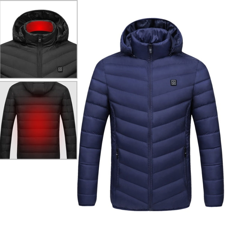 Dark blue hooded puffer jacket with full-length zipper and quilted stitch pattern