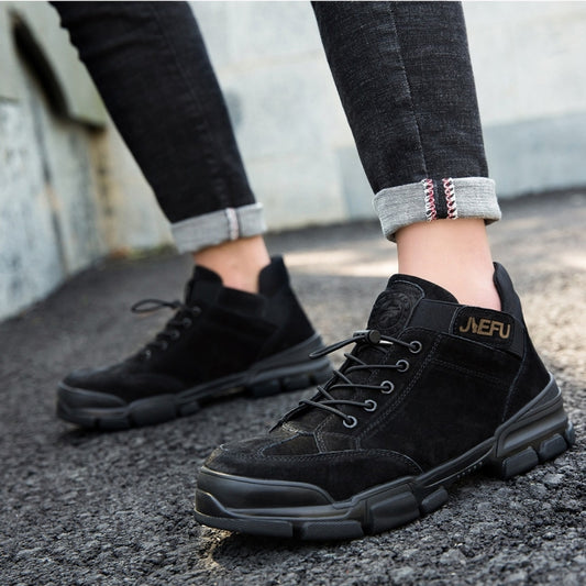 Black high-top safety shoes with laces and padded collar, worn with jeans