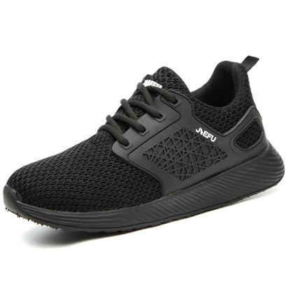 Black lace-up electrical-insulating work shoes with breathable mesh upper