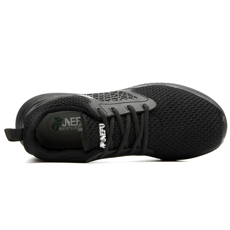 Black lace-up work shoes showing heel, tongue, and padded collar