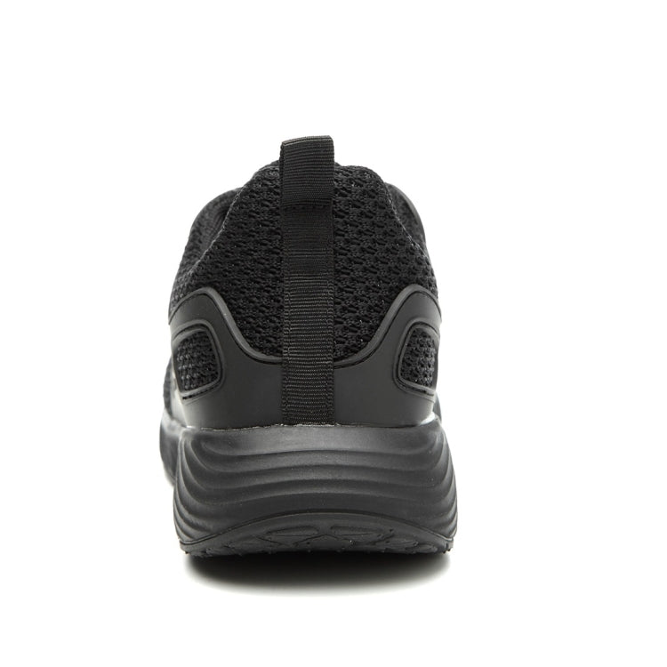 Black electrical-insulating work shoes viewed from the back with cushioned heel